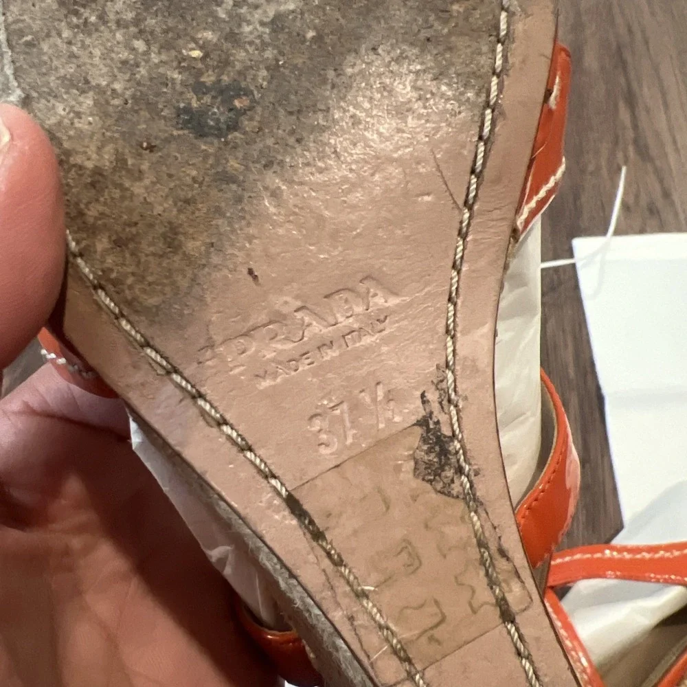 Prada Patent Leather Espadrille Wedge Sandals Size 37.5 Color Coral DETAILS